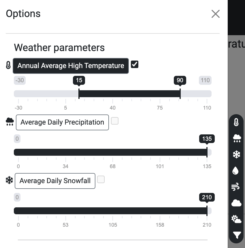 Filter Places by Annual Snowfall or Precipitation or Average High temperature