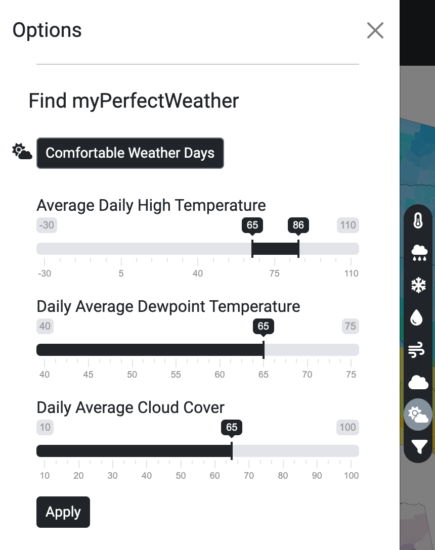 Side Menu for Map of Comfortable Weather Days